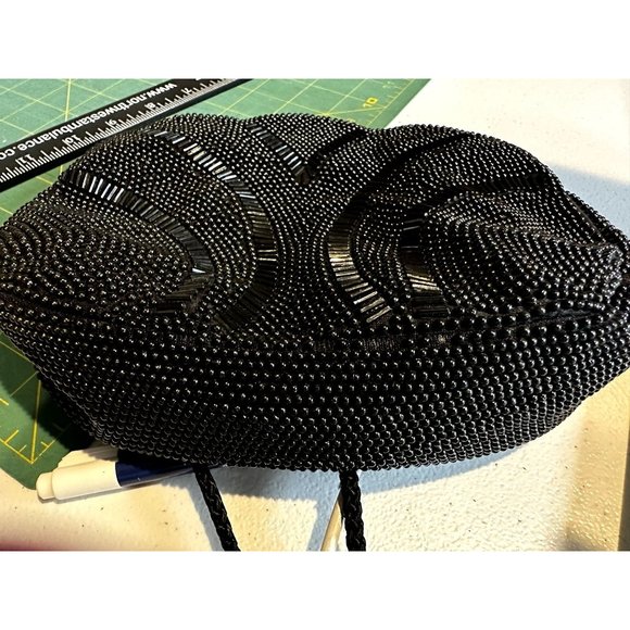 Vintage Beaded Black Evening Purse Crossbody Zip Closure Shoulder Strap Scallop - Picture 9 of 9